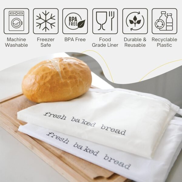 Reusable Bread Bags for Homemade Bread | 2-Pack 13"W x 18"H Plastic Reusable Bread Bag w/Food Grade Liner, Metal Zipper & Buckle | Freezer Safe, Machine Washable Sourdough Bread Storage - Image 3
