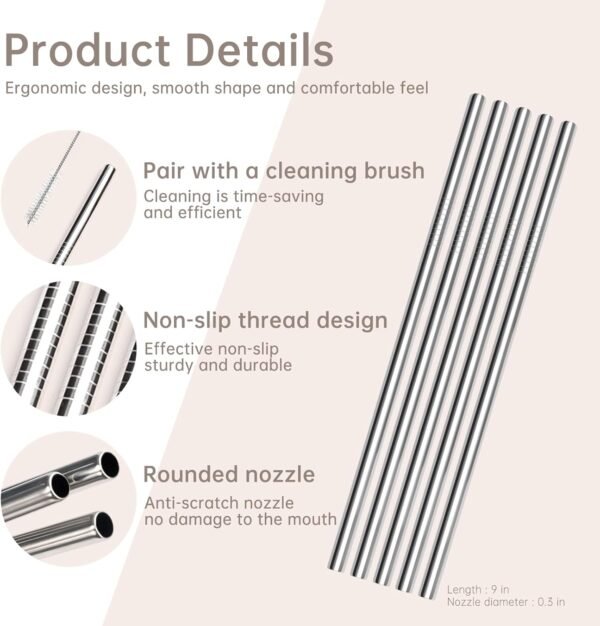 Metal Straw for Stanley Cup 20 OZ 14 OZ, Stainless Steel Straw Compatible With 20oz 14oz Stanley Cup Accessories, 6 Reusable Drinking Straws, With 1 Straw Cleaner(5pcs) - Image 2