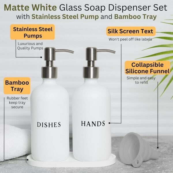 White Glass Hand and Dish Soap Dispenser Set - Modern Farmhouse Sink Accessories - Liquid Soap Dispenser - 16 oz Kitchen Sink Soap Dispenser Set with Tray, Stainless Pumps & Funnel - Image 2
