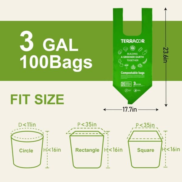 Compost Bags, Handle Tie Food Scrap Bags 3 Gallon,100 Count,Certified by BPI and ASTM D6400, Kitchen Compost Bin Compatible - Image 2