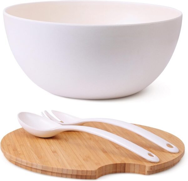 11.5" Extra Large Salad and Serving Bowl with Wooden Lid and Servers - Bamboo Fiber Wood Mixing Bowl Set with Utensils for Fruits, Vegetable Salads, Pasta, Home Decoration & Parties - Natural White