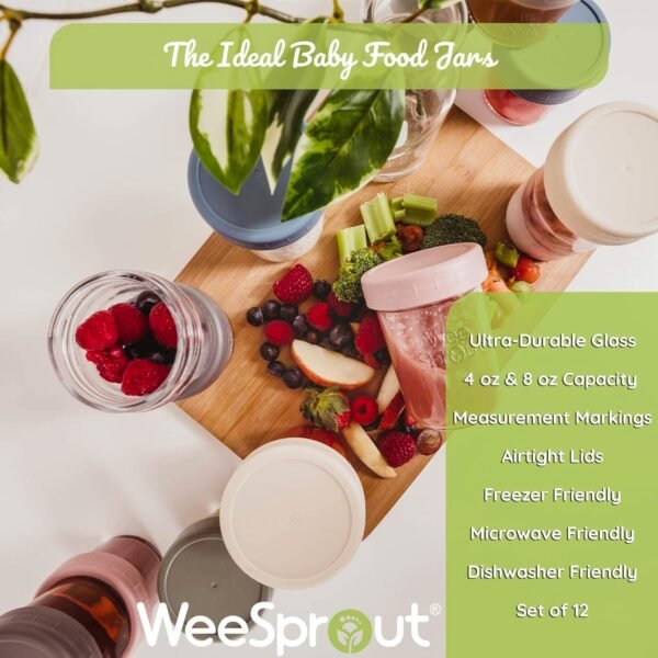 WeeSprout Glass Baby Food Storage Jars w/ Lids (4/8 oz, 12 Pack Set) Snack, Reusable Small Containers, Breast Milk, Fridge, Freezer, Microwave & Dishwasher Safe, Essential Must Have for Infants - Image 3