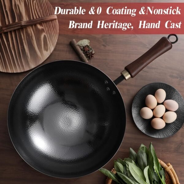 Carbon Steel Wok Pan, 13.5″Woks & Stir-Fry Pans with Wooden Lid Cookwares, Nonstick Wok, No Chemical Coated Round Bottom Hand Hammered Chinese Wok For Gas - Image 4