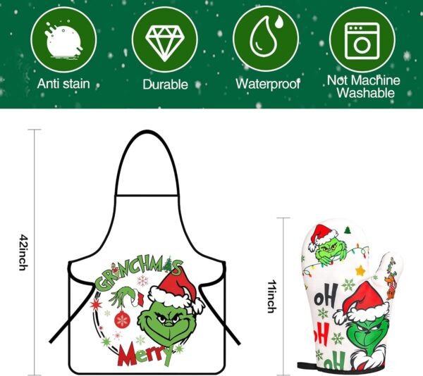 8PCS Bamboo Christmas Kitchen Utensil Set - Green Monster Theme Christmas Gifts for Women Men, Wooden Cooking Spoons, Apron, Oven Mitt Set with Gift Box for Christmas House Warming Wedding Present - Image 3