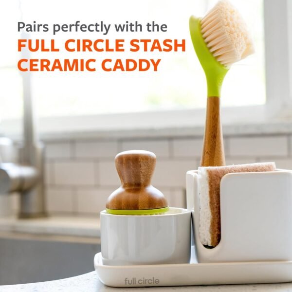 Full Circle Bubble Up- Eco-Friendly Bamboo Dish Brush & Ceramic Soap Dispenser - Natural Scrub Set for Dishes, Cast Iron - Kitchen Cleaning with Handle, White - Image 6