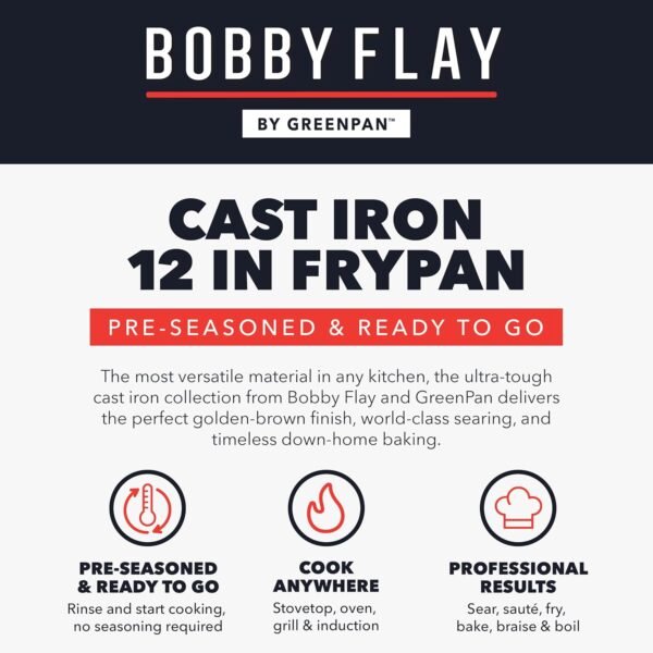 GreenPan x Bobby Flay 12” Cast Iron Pre-Seasoned Skillet with Helper Handle, Professional Grade Heavy Duty, Induction Suitable, Versatile Stovetop, Oven, BBQ, Fire & Grill, Indoor/Outdoor Use, Black - Image 8