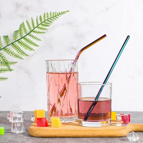 10 PCS Reusable Straws Metal Rainbow Color Metal Drinking Straws Straight & Curved Metallic Reusable Stainless Steel Straws Combinations for Tumblers with 2 PCS Cleaning Brushes for Cocktails Iced Tea - Image 5