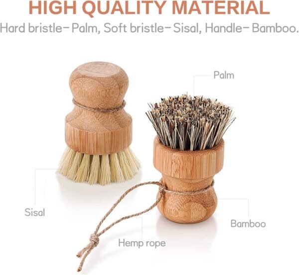2 Pack Bamboo Dish Scrub Brush, Natural Sisal Dish Washing Brush, Round Natural Dish Scrubber for Cast Iron Pots, Pans, Kitchen Sink, and Vegetable(Sisal + Palm Bristles) - Image 2