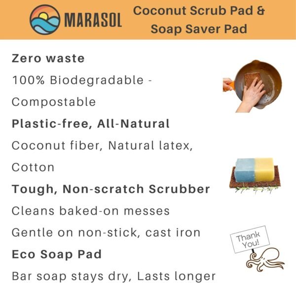 Marasol Soap Saver and Scrub Pad (2) | Coconut Fiber - Compostable | Plastic Free - Zero Waste | Bar Soap Holder | Tough Non-Scratch Scour Pad | Vegetable Brush | 2-Pack - Image 3