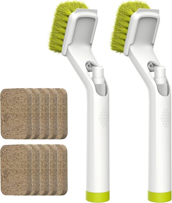 Soap Dispensing Dish Brush with Handle, EHOMGUI Brush Scrubber for Cleaning Dishes, Kitchen, Non-Scratch Kitchen Brush with 10 Natural Fiber Replacement Heads for Pot Pan-Green/White 2Pack