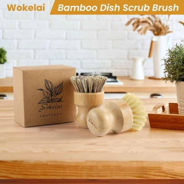Bamboo Dish Scrub Brushes Set for Kitchen - Wooden Cleaning Scrubbers Brushes, Eco-Friendly Natural Dishes Washing Brush for Dishwashing Cast Iron Pots Pans Skillet Vegetables Sink, Set of 2 - Image 6