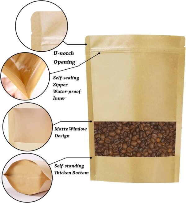 100 PCS Resealable Bags, Stand Up Kraft Paper Bags with Matte Window, Zipper Lock Food Storage Bags for Small Business and Home, 5.51 * 7.87 Inch Reusable Sealable Bags for Packaging - Image 2