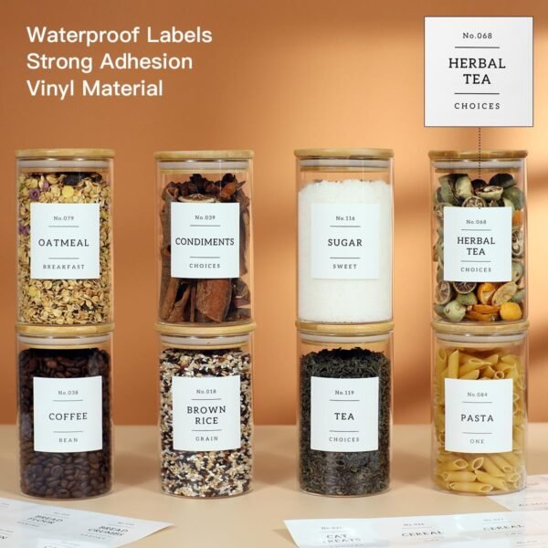 8 Pack Glass Jar with Airtight Bamboo Lid and White 132 Kichen Pantry Labels Preprinted - 21 Oz Clear Round Glass Food Storage Containers set For Tea Coffee Sugar Spice - Image 4