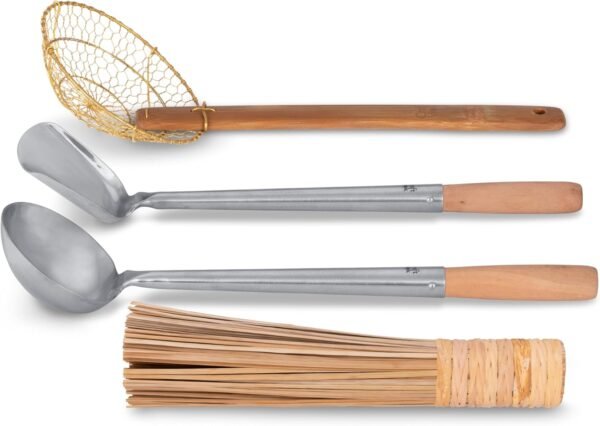 Craft Wok Tools 4 pcs Set: Ladle, Spatula, Strainer, Bamboo Brush/Utensils Traditional Asian Cookware with Wooden Handles / 732W9 - Image 3
