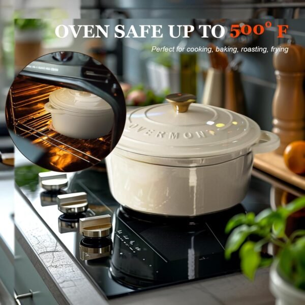 Overmont Enameled Cast Iron Dutch Oven - 5.5QT Pot with Lid Cookbook & Cotton Potholders - Heavy-Duty Cookware for Braising, Stews, Roasting, Bread Baking white - Image 6
