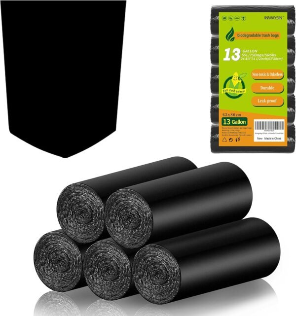 13 Gallon Biodegradable Tall-Kitchen Trash Bags - Black Garbage Bags Large Compostable Unscented 75 Count Recycling Strong Thick Office Waste Basket Liners Bulk Inwaysin