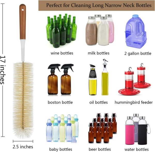 ALINK 5-Pack Bottle Brush Cleaner - Long Bamboo Handle Water Bottle Straw Cleaning Brush for Washing Narrow Neck Beer Wine Decanter, Sports Bottle, Thermos, Flask - Image 3