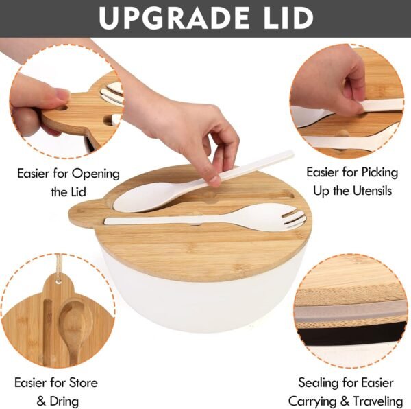 ShineMe Large Salad Bowl with Lid, 9.8inches White Salad Serving Bowl Set with Utensils, Bamboo Wooden Salad Bowl with Multifunctional Lid with Handle and Silicone Seal Ring - Image 4