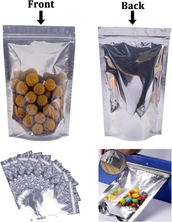 100 Pack Mylar Bags for Food Storage Resealable Aluminum Foil Clear Stand Up Pouch with Front Window 6.29×9.44 Inch Reusable Zipper Lock Food Packaging Heat Seal Bags for Small Business and Home - Image 4