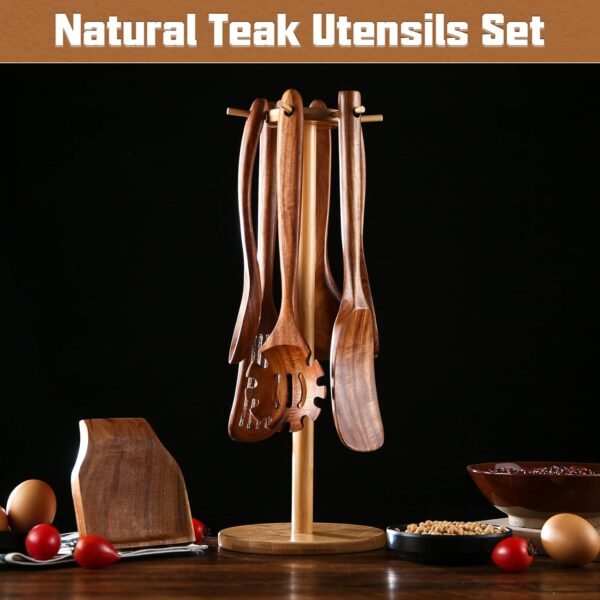 NAYAHOSE Wooden Spoons for Cooking, 8 Pcs Wooden Cooking Utensils Set for Kitchen, Natural Teak Wood Non-Stick Cooking Spoons with Bamboo Holder, Kitchen Hanging Organizer Set - Image 3
