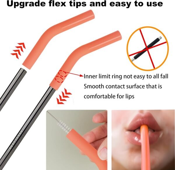 6 PCS Metal Straws Reusable with Silicone Tip and Cleaning Brush, Stainless Steel Straws Replacement for 40 oz Stanley Tumbler and 24 oz Cup (8mm Sliver) - Image 4