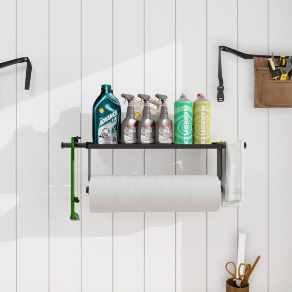 Garage Paper Towel Holder Wall Mount, Stainless Steel Paper Towel Holder with Shelf & Extension Hanging Rod, Garage Organization and Storage Paper Towel Rack for Garage Tool Room Workbench Kitchen - Image 2