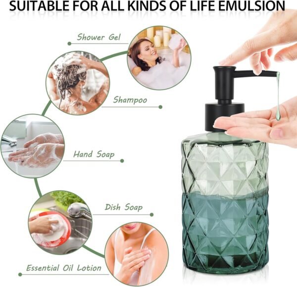 Green Glass Soap Dispenser Set for Bathroom, 11oz. Glass Soap Bottles with Plastic Pump, Kitchen Dish Soap Dispenser Set, Hand-Pump Dispenser for Shampoo, Lotion, Essential Oil (4Pcs) - Image 3