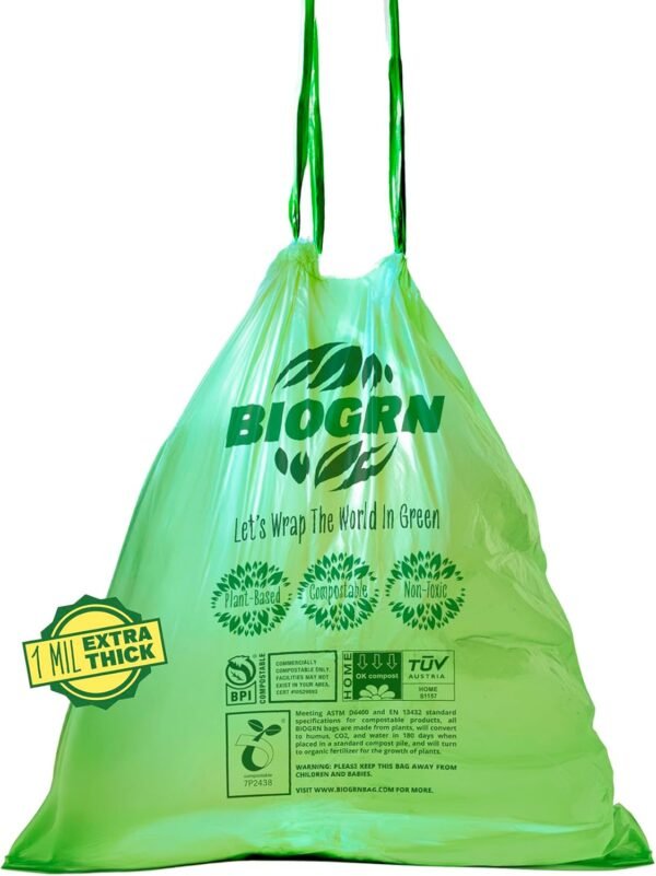 3 Gallon Compostable Trash Bags Drawstring, Heavy Duty Extra Thick 1 Mil, 11.36 Liter, 50 Bags, Small Kitchen Food Scrap Waste Bag, ASTM D6400, US BPI and OK Compost Home Certified