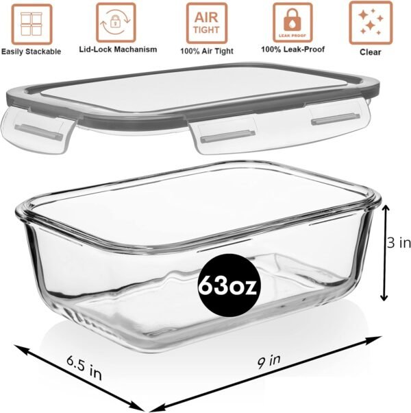 8 Cups/ 63 Oz 4 Piece (2 containers + 2 Lids) Large Glass Food Storage/ Baking Containers with Locking Lids . Ideal for Storing food, vegetables or fruits. BPA Free & Leak Proof -Microwave, Oven Safe - Image 3