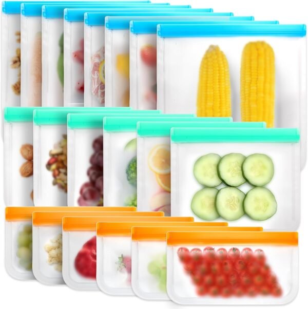 20 Pack Reusable Freezer Bags, BPA Free Silicone Food Bags, Leakproof Silicone Sandwich Bags, Extra-Thick Reusable Snack Bags for Marinate Meats Snack Fruits Veggies Make-up Toiletries