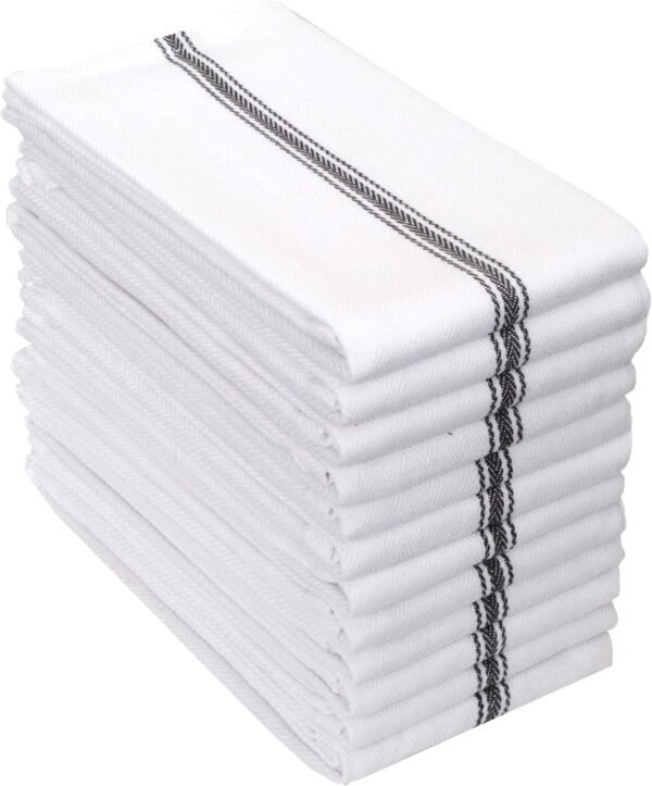 AMOUR INFINI Cotton Herringbone White Dish Towels Set of 12 - Highly Absorbent, Super Soft Tea Towel with Hanging Loops - Extra Large Quick Dry Bar Towel (16x28 Inch - Charcoal)