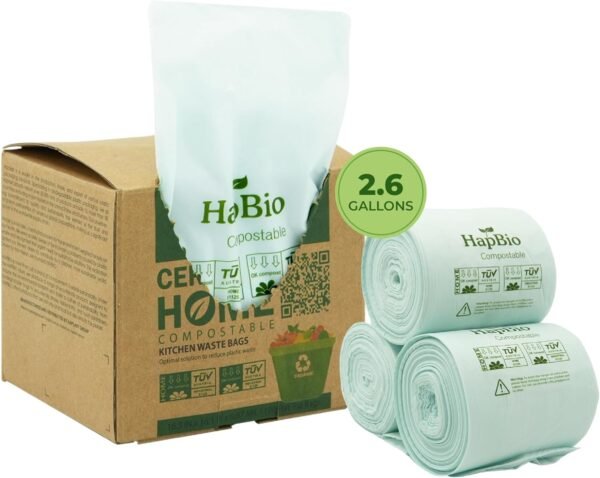 HAPBIO Small Compostable Trash Bags 2.6 Gallon, 100 Count/Roll, 0.67 Mils, Pack 1, Unscented, Biodegradable Trash Bags, BPI OK Compost Home, Recycle Food Scrap Waste Bags for Countertop Bin, Kitchen