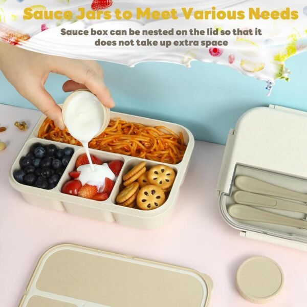 Bento Lunch Box for Kids, Wheat Straw 5.5 Cups Leakproof Adult Bento Box with 2 Sauce Jars, 4 Compartments Lunchable Snack containers, Utensils, Microwave & Dishwasher Safe (Wheat Straw Beige) - Image 4
