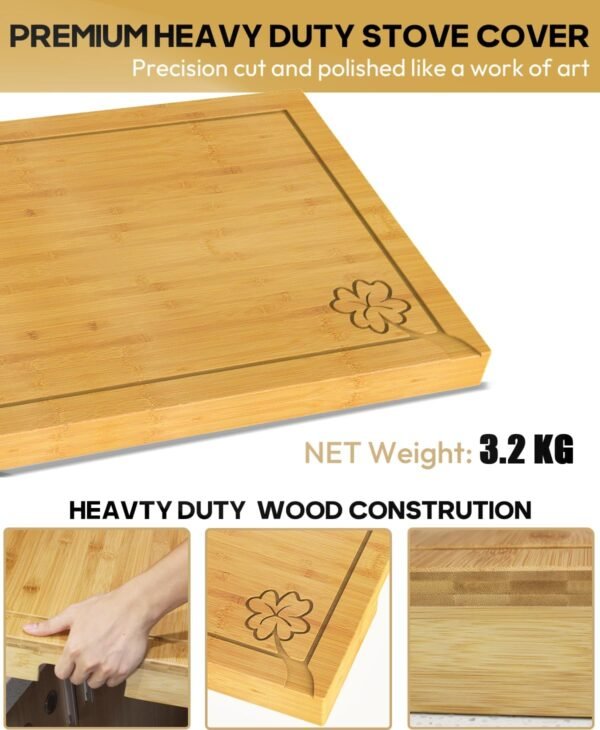Noodle Board Stove Cover, Wellrain Bamboo Cutting Board Stove Top Cover with Handles for Electric Stovetop Gas Burners RV Sink Cover (Lucky Clover Design) - Image 2
