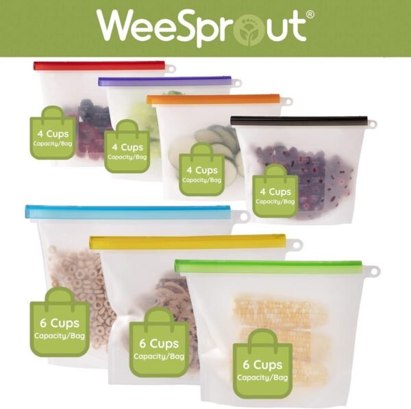 WeeSprout 100% Silicone Reusable Food Storage Bags - Set of 7 Leakproof & Airtight Bags (Four 4 Cup Bags and Three 6 Cup Bags), Freezer, Microwave, & Dishwasher Friendly, for Lunches and Snacks - Image 3