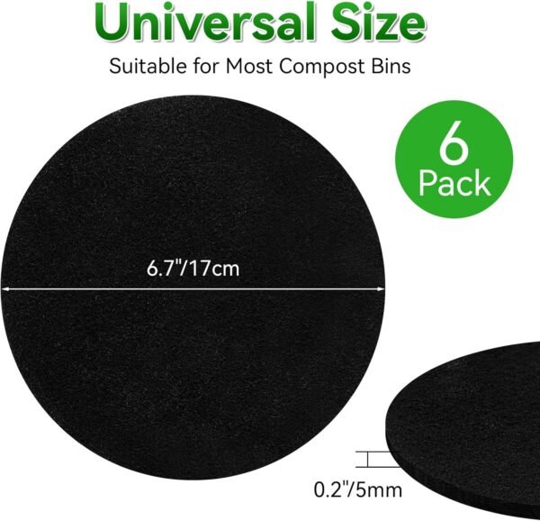 6 Pack Charcoal Filters for Compost Bucket, 6.7 Inch Compost Filters for Countertop Bin, Activated Carbon Replacement Filters for Kitchen Compost Bins, Home Bucket Compost Bin Refill, Round - Image 2