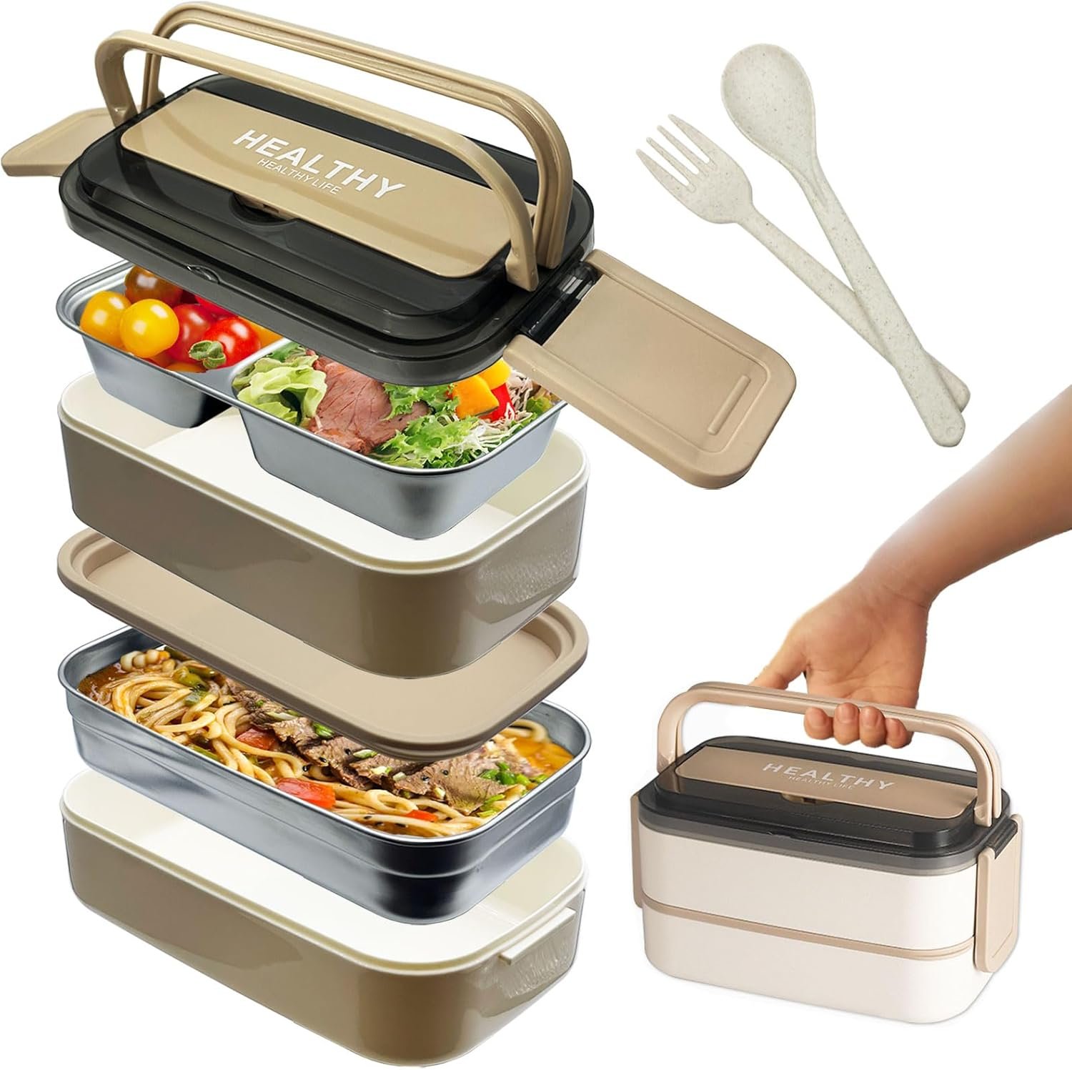 Stainless steel bento box Adult lunch box, ideal food storage container, 2 compartments, wheat cutlery Fork Spoon, suitable for work, travel (apricot)