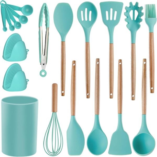 Silicone Kitchen Utensils Set - Heat Resistant Silicon Cooking Utensils, Wooden Handle Kitchen Utensil Set with Holder, Spoon Spatula Turner Tongs Whisk Kitchen Tools for Nonstick Cookware (BPA Free)