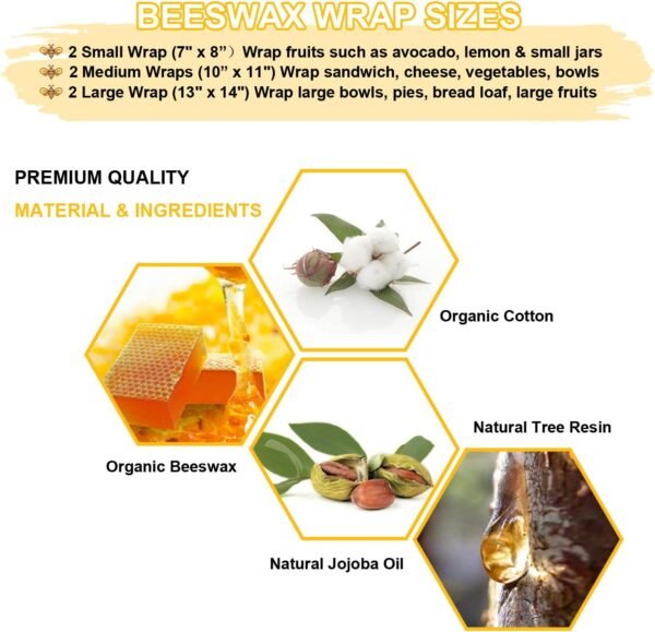 Reusable Beeswax Wrap Bees wax Food Storage Wraps – 6 Packs Eco Friendly Cotton Wrapping（Green） - Image 3