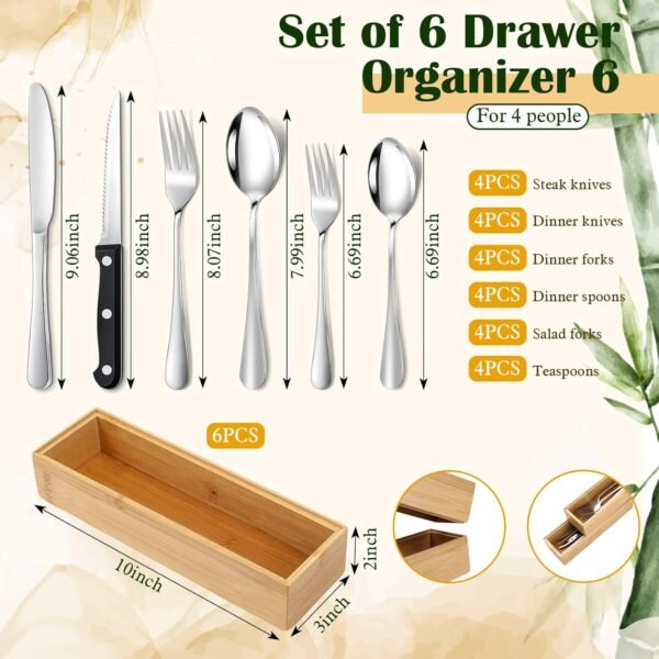 Baderke 6 Pcs Bamboo Drawer Organizer Long Stackable Storage Box Set with 24 Pcs Utensils for 4 People Use Kitchen Silverware Organizer for Outdoor Picnic, Family Party, Kitchen Drawer Storage - Image 2