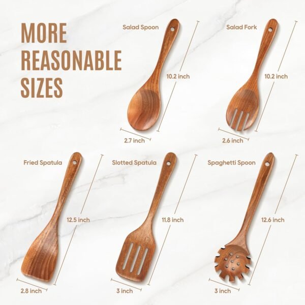 5 PCS Wooden Spoons for Cooking Natural Teak Kitchen Utensils Smooth Non-Stick Surface Cooking Utensils Set Soft Comfort-Grip Wooden Utensils for Cooking - Image 5