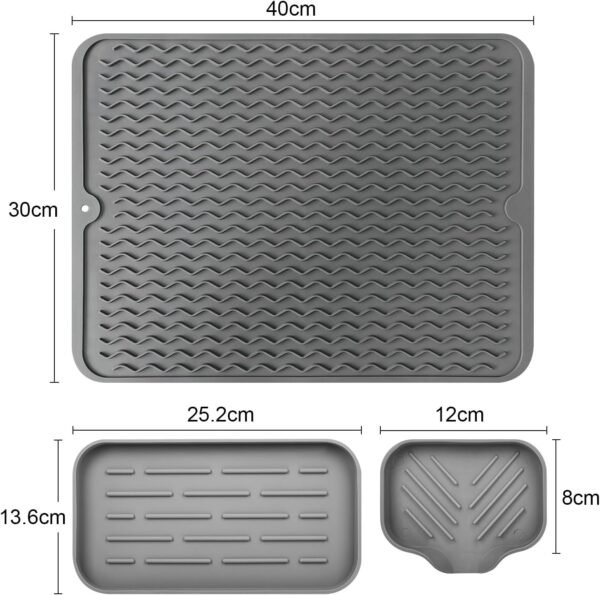 3 Pack Dish Racks, Silicone Kitchen Sink Organizer Tray and Dish Drying Mat for Bathroom Counter, and Sponge Soap Holder for Dish Soap Bottle, Soap Dispenser, Grey - Image 6