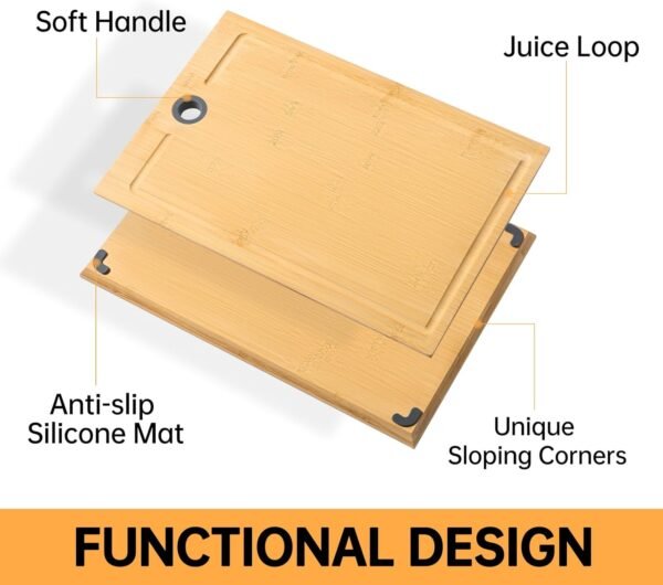 Bamboo Cutting boards for Kitchen, Wood Cutting board with Non-Slip Rubber Feet, Juice Groove & Tilt Handle, Non-Slip Chopping Board for Meat, Fruit for Prep, Pre Oiled, 12" x 8" x 0.6" - Image 3