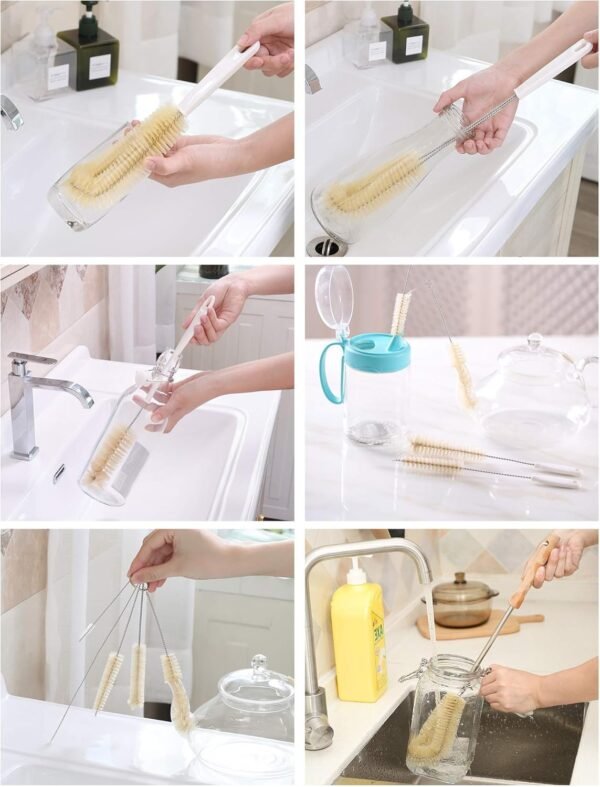 Bottle Brush Cleaner Set Long Handle Natural Pig Bristle Bottle Cleaning Kitchen Scrub for Water Bottle, Wine Decanter, Cup, Jug, Teapot, Baby Bottle, Pot, Straw (Jug Brush & Kettle Brush) - Image 5