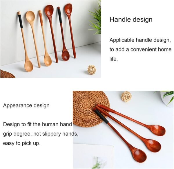 Wooden Spoons for Cooking,Wood Mixing Stirring Seasoning Spoons for Baking,Long Handle Wood Creative Coffee Spoon Ice Cream Dessert Spoon,Set of 6 - Image 3