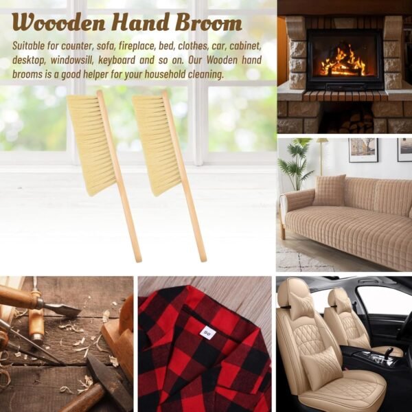 2 Pieces Woooden Dust Brush Hand Broom Bench Brush with Long Wood Handle Whisk Broom Soft Bristle Brush for Counter Bed Sofa Car Fireplace Clothes Household Cleaning(Khaki) - Image 5