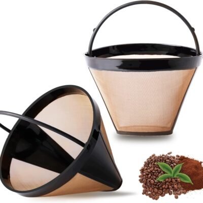 KEEPOW Reusable Cone Coffee Filters #4, 2-Pack 8-12 Cup Gold Permanent Coffee Filter Basket for Cuisinart/Ninja Dual Brew Pro CFP301/ Hamilton Beach, Size 04 Pour Over Coffee-maker Dripper Accessories