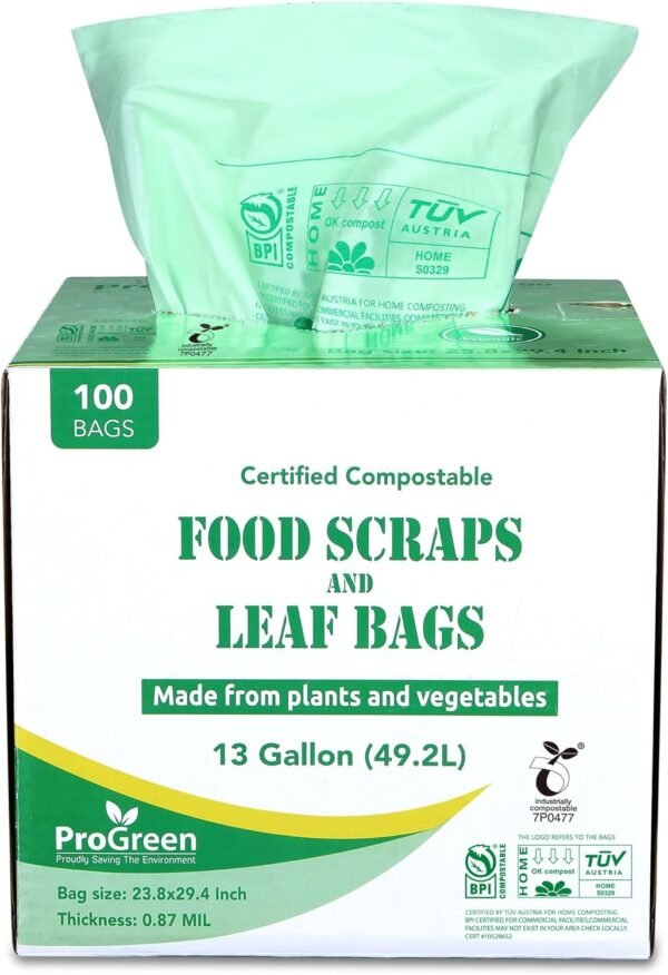 Compostable Bags 13 Gallon 100 Count Thick 0.87 Mil Tall Kitchen Compost Trash Bags Food Scrap Yard Waste Bags ASTM D6400 BPI & TÜV AUSTRIA Certified