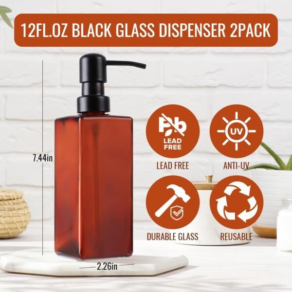 Alotpower Amber Glass Soap Dispenser 12 oz,2pack Glass Soap Dispenser with Pump,Refillable Square Amber Soap Dispenser Glass for Kitchen & Bathroom - Image 2