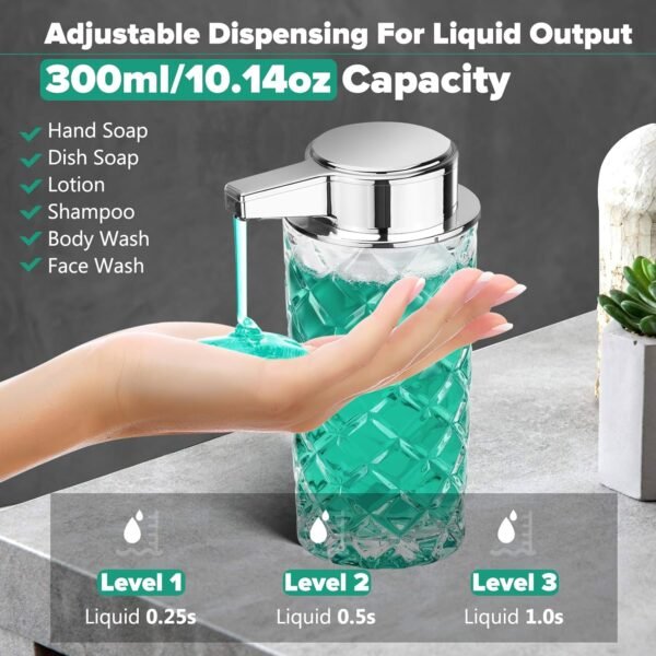 Automatic Liquid Soap Dispenser Touchless Auto Glass Clear Diamond Design Hand Lotion Soap Dispenser with Pump Electric Hands Free Modern Dish Soap Dispenser Rechargeable for Kitchen Bathroom - Image 4